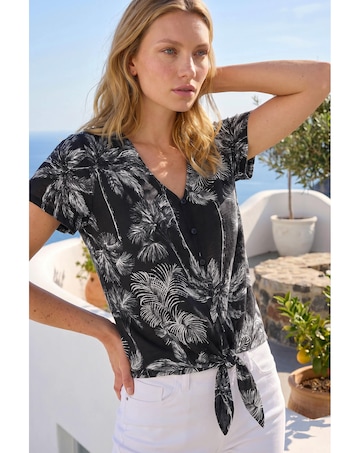Roman Palm Tree Print Tie Front Top