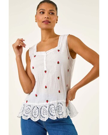 Roman Strawberry Embroidered Crinkle Top