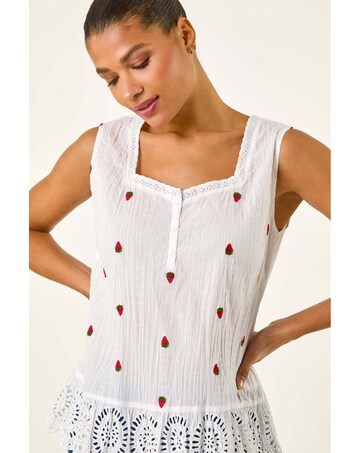 Roman Strawberry Embroidered Crinkle Top