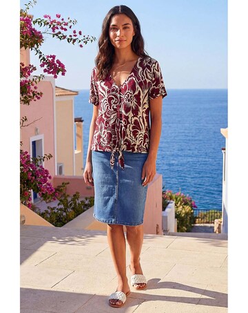 Roman Floral Print Tie Front V-Neck Top