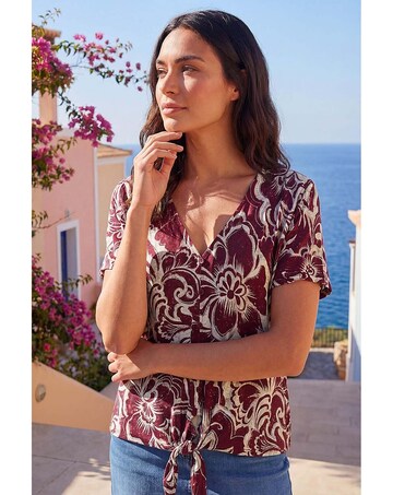 Roman Floral Print Tie Front V-Neck Top
