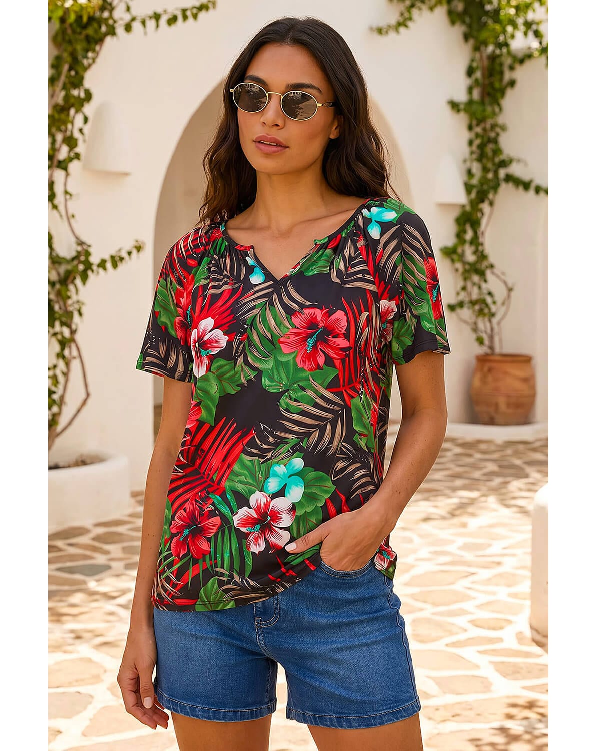 Roman Textured Floral Print V-Neck Top
