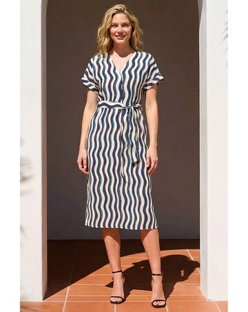 Roman Wave Print Belted Midi Dress