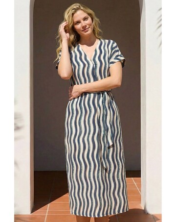 Roman Wave Print Belted Midi Dress