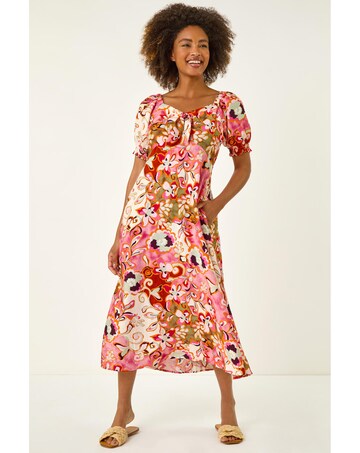 Roman Floral Print Tie Front Midi Dress