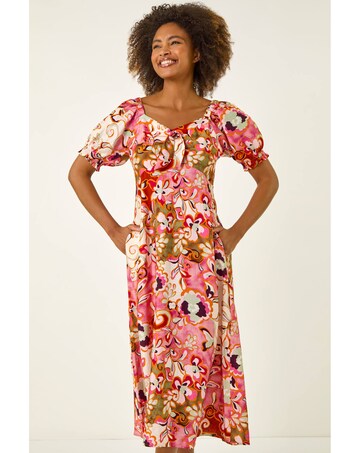 Roman Floral Print Tie Front Midi Dress
