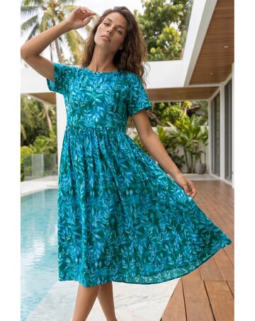 Roman Leaf Print Smock Midi Dress