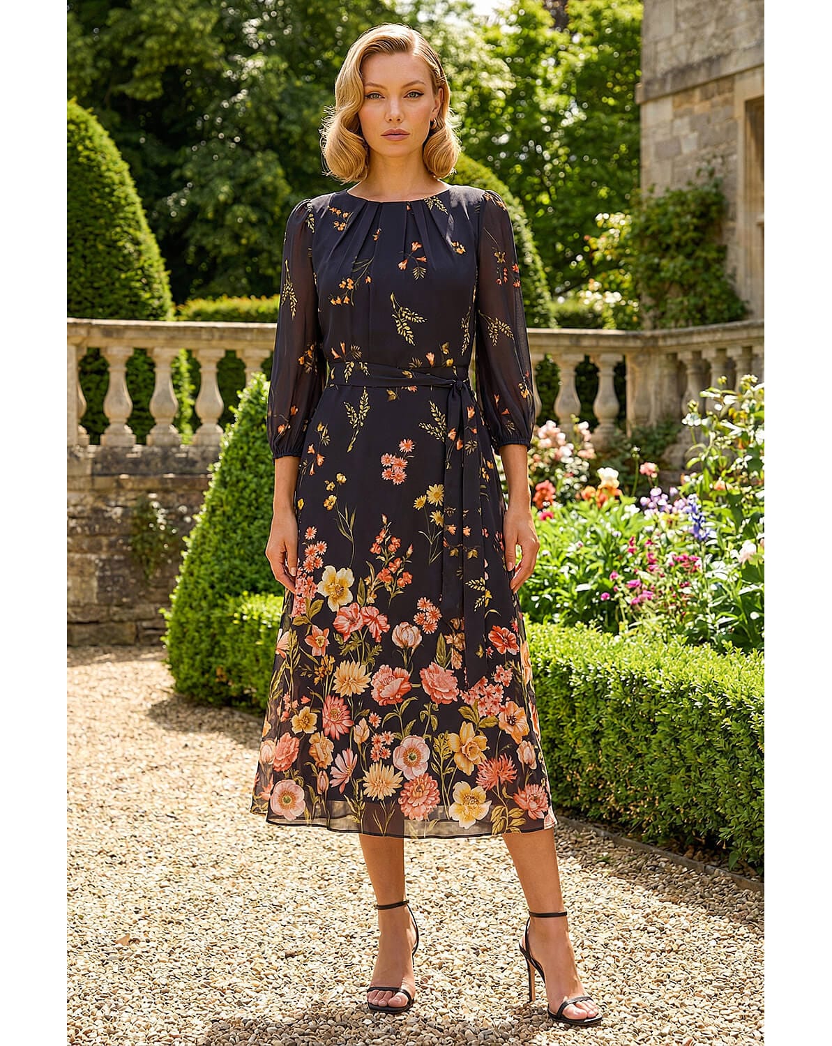 Roman Border Print Pleated Midi Dress
