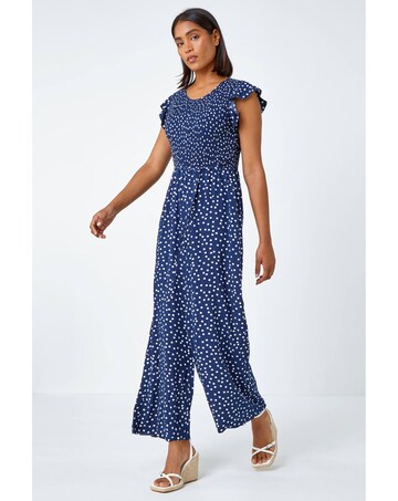 Roman Polka Dot Shirred Pocket Jumpsuit