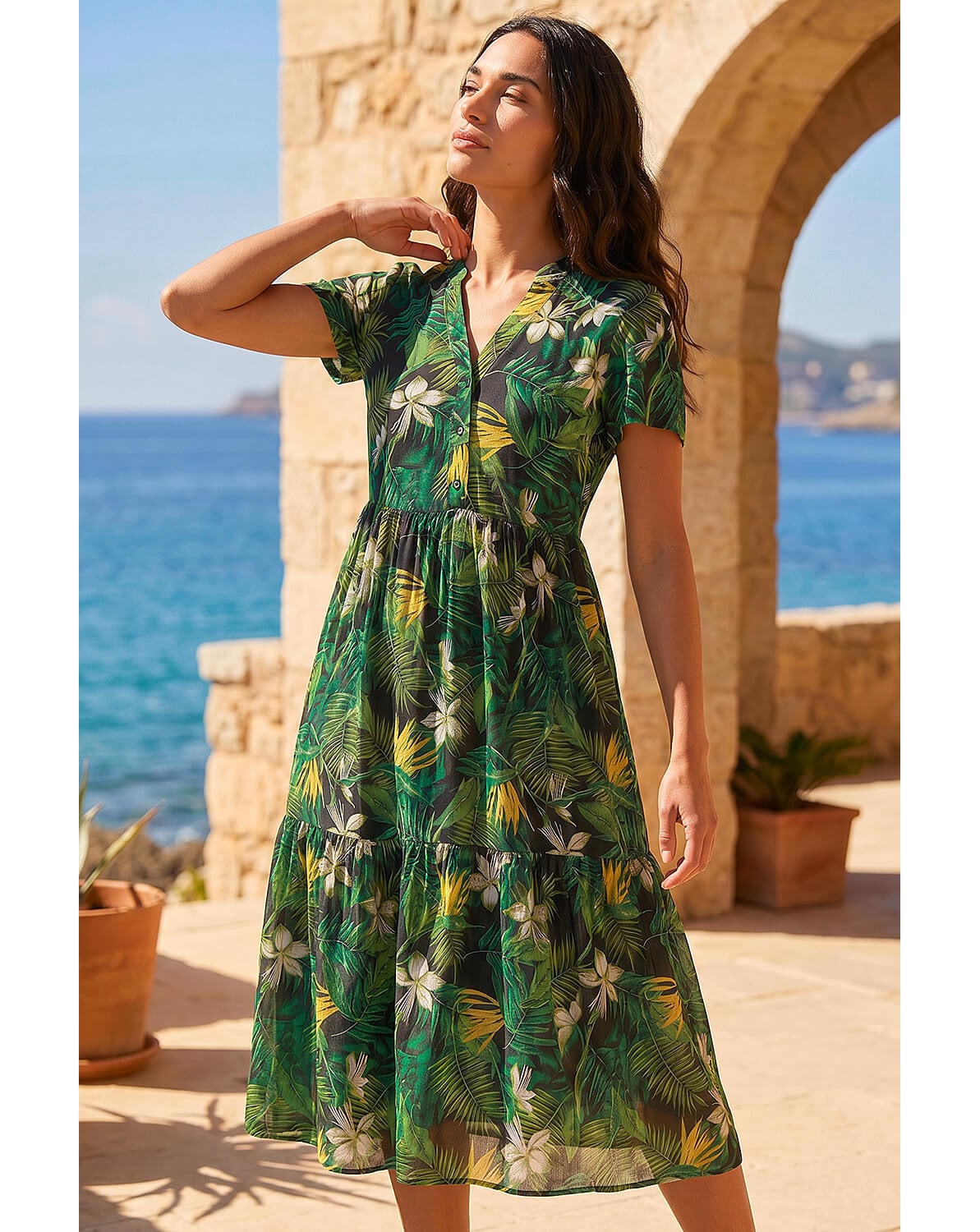 Roman Tropical Leaf V-Neck Midi Dress
