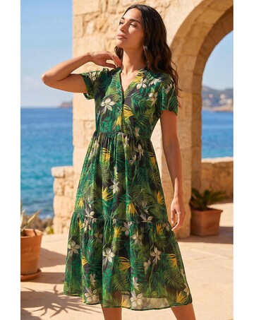 Roman Tropical Leaf V-Neck Midi Dress
