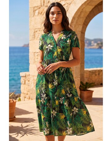 Roman Tropical Leaf V-Neck Midi Dress