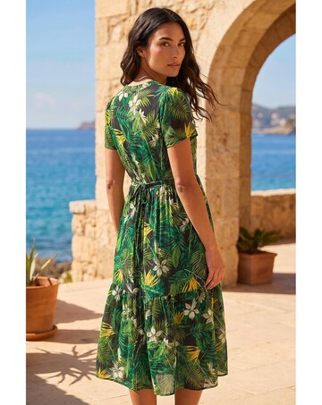 Roman Tropical Leaf V-Neck Midi Dress