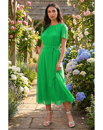 Roman Chiffon Pleat Neck Midi Dress