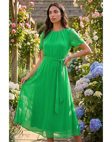 Roman Chiffon Pleat Neck Midi Dress