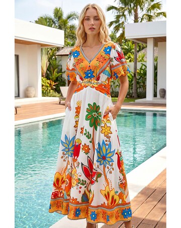 Roman Floral Border Ruched Midi Dress