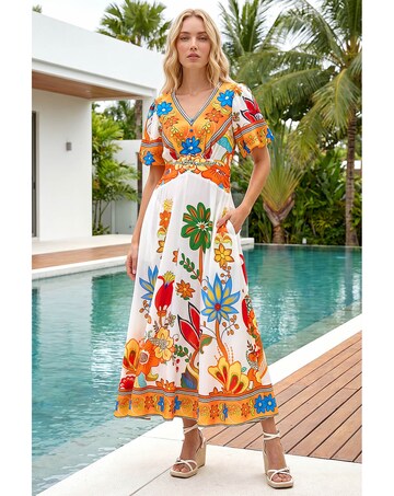 Roman Floral Border Ruched Midi Dress