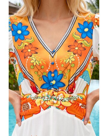 Roman Floral Border Ruched Midi Dress