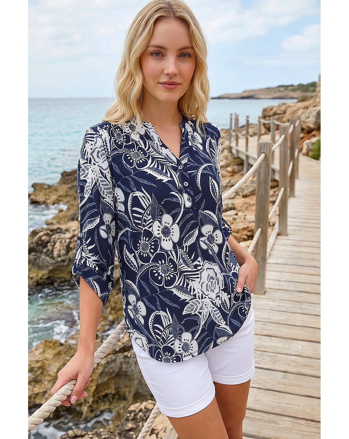 Roman Floral Print V-Neck Stretch Shirt