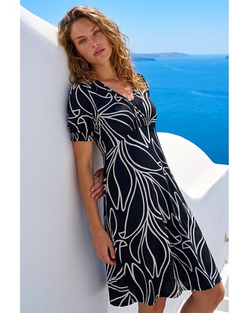 Roman Leaf Print Gathered Midi Dress