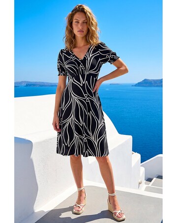 Roman Leaf Print Gathered Midi Dress