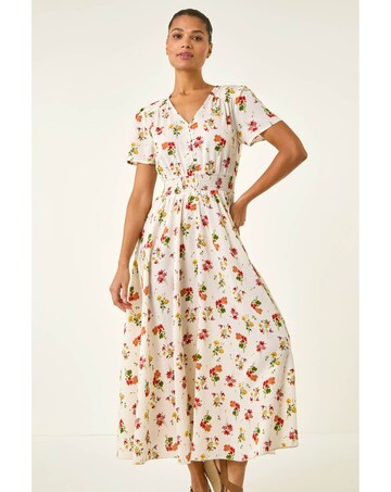 Roman Floral Print Buttoned Midi Dress