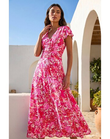 Roman Floral Ruched Waist Midi Dress