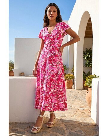 Roman Floral Ruched Waist Midi Dress