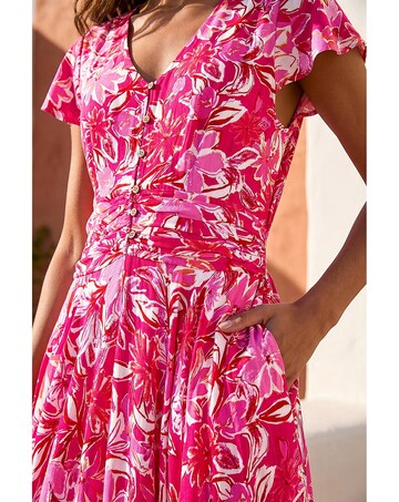 Roman Floral Ruched Waist Midi Dress