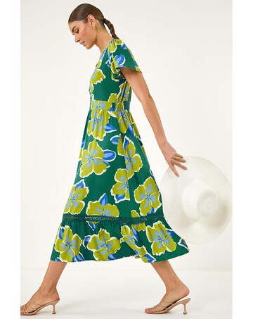 Roman Floral Print Lace Trim Midi Dress