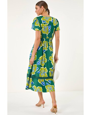 Roman Floral Print Lace Trim Midi Dress