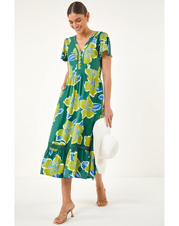 Roman Floral Print Lace Trim Midi Dress