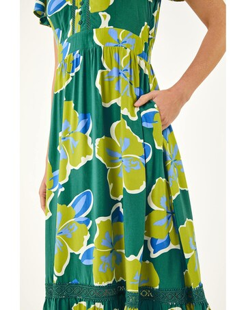 Roman Floral Print Lace Trim Midi Dress