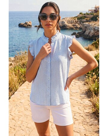 Roman Stripe Print Frill Sleeve Blouse