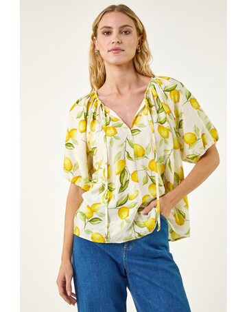 Roman Lemon Print Tie Front Top