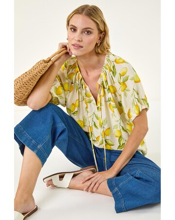 Roman Lemon Print Tie Front Top