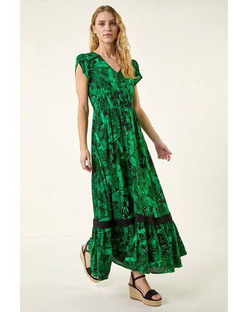 Roman Tropical Leaf V-Neck Midi Dress