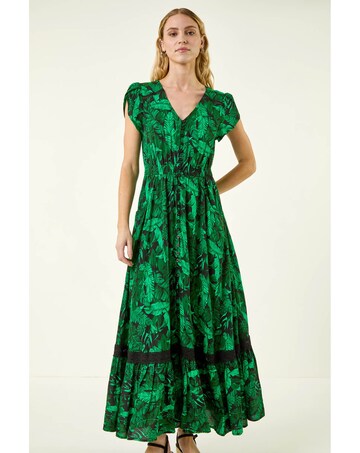 Roman Tropical Leaf V-Neck Midi Dress