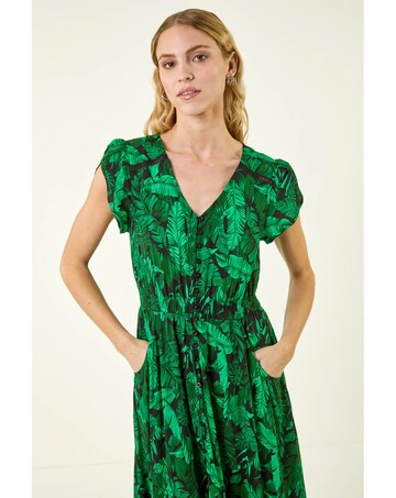 Roman Tropical Leaf V-Neck Midi Dress