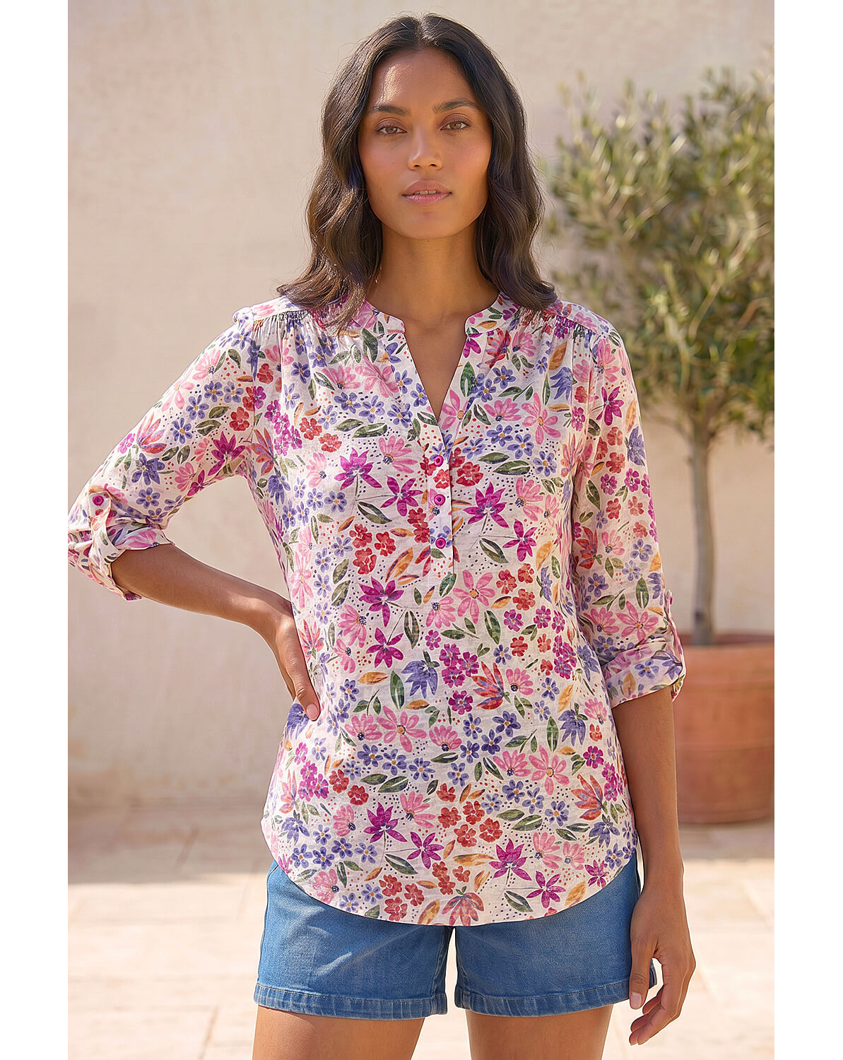 New In - Roman Floral Print Burnout V-Neck Top