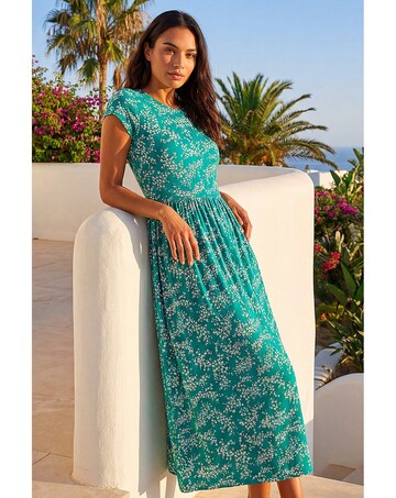 Roman Ditsy Gathered Stretch Midi Dress