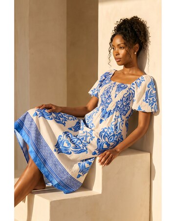 Roman Abstract Print Shirred Midi Dress