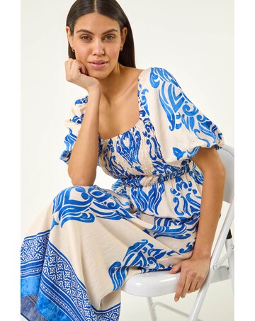 Roman Abstract Print Shirred Midi Dress