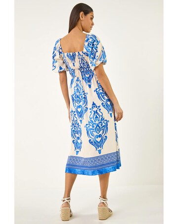 Roman Abstract Print Shirred Midi Dress