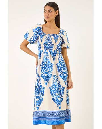 Roman Abstract Print Shirred Midi Dress