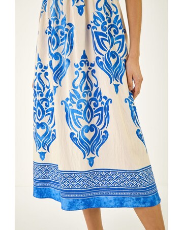 Roman Abstract Print Shirred Midi Dress