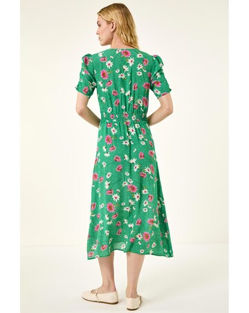 Roman Floral Ruched Sleeve Dress