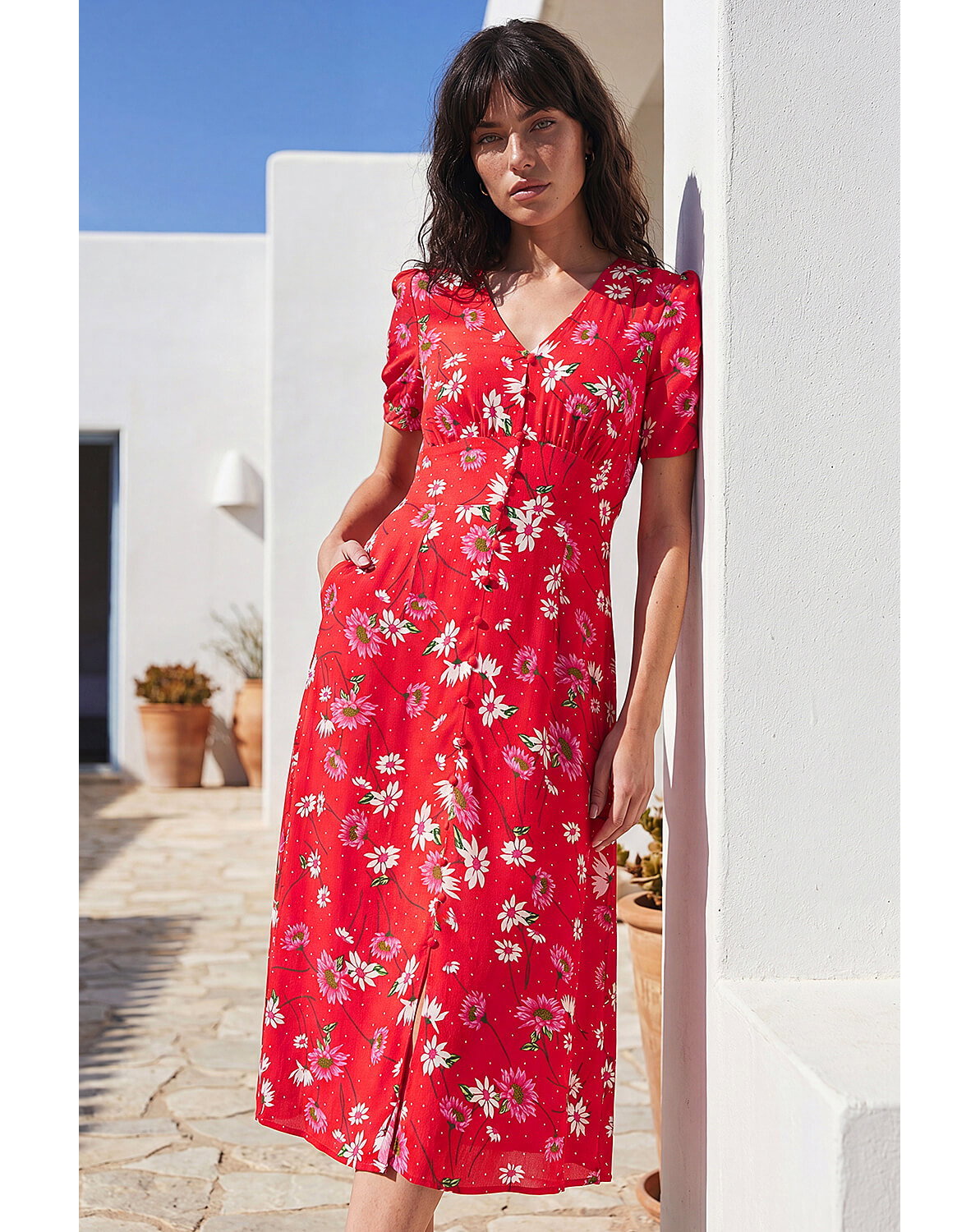New In - Roman Floral Ruched Sleeve Dress