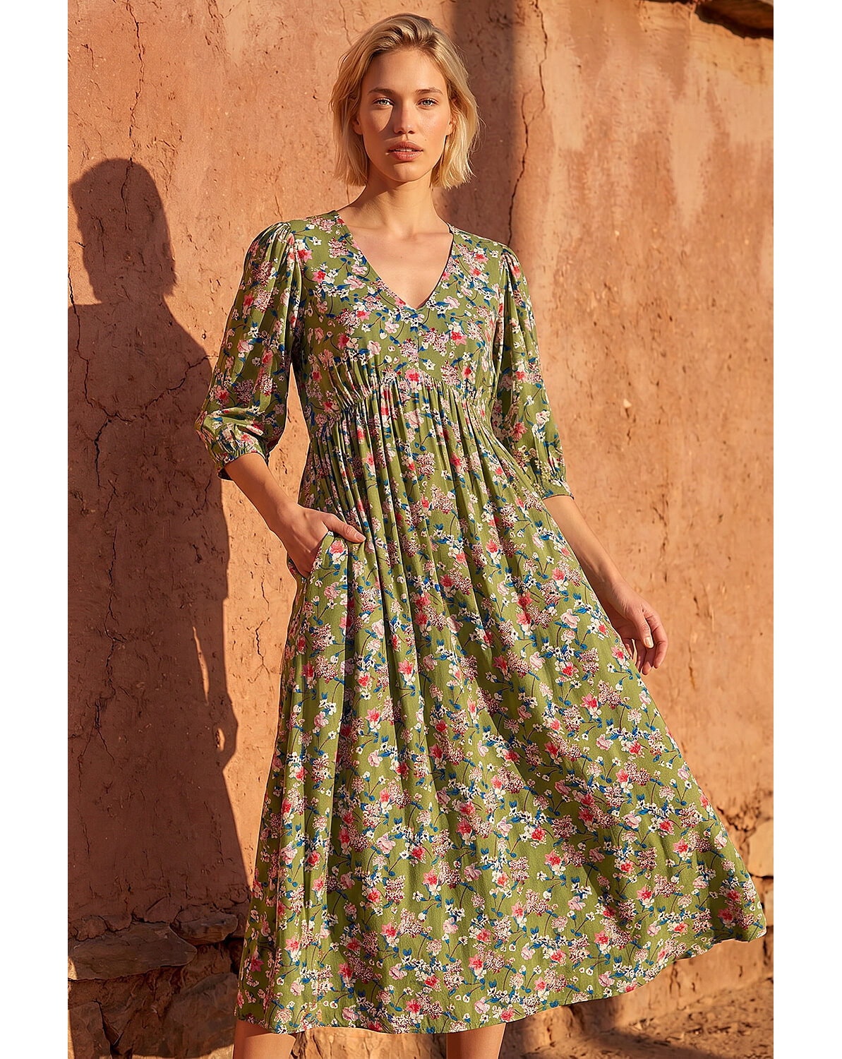 New In - Roman Floral Print V-Neck Midi Dress