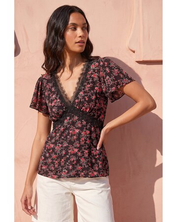 Roman Floral Print Lace Detail Top